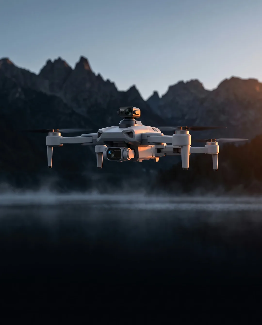 Dron con cámara 4K de RCT Chile sobrevolando un lago patagónico al anochecer