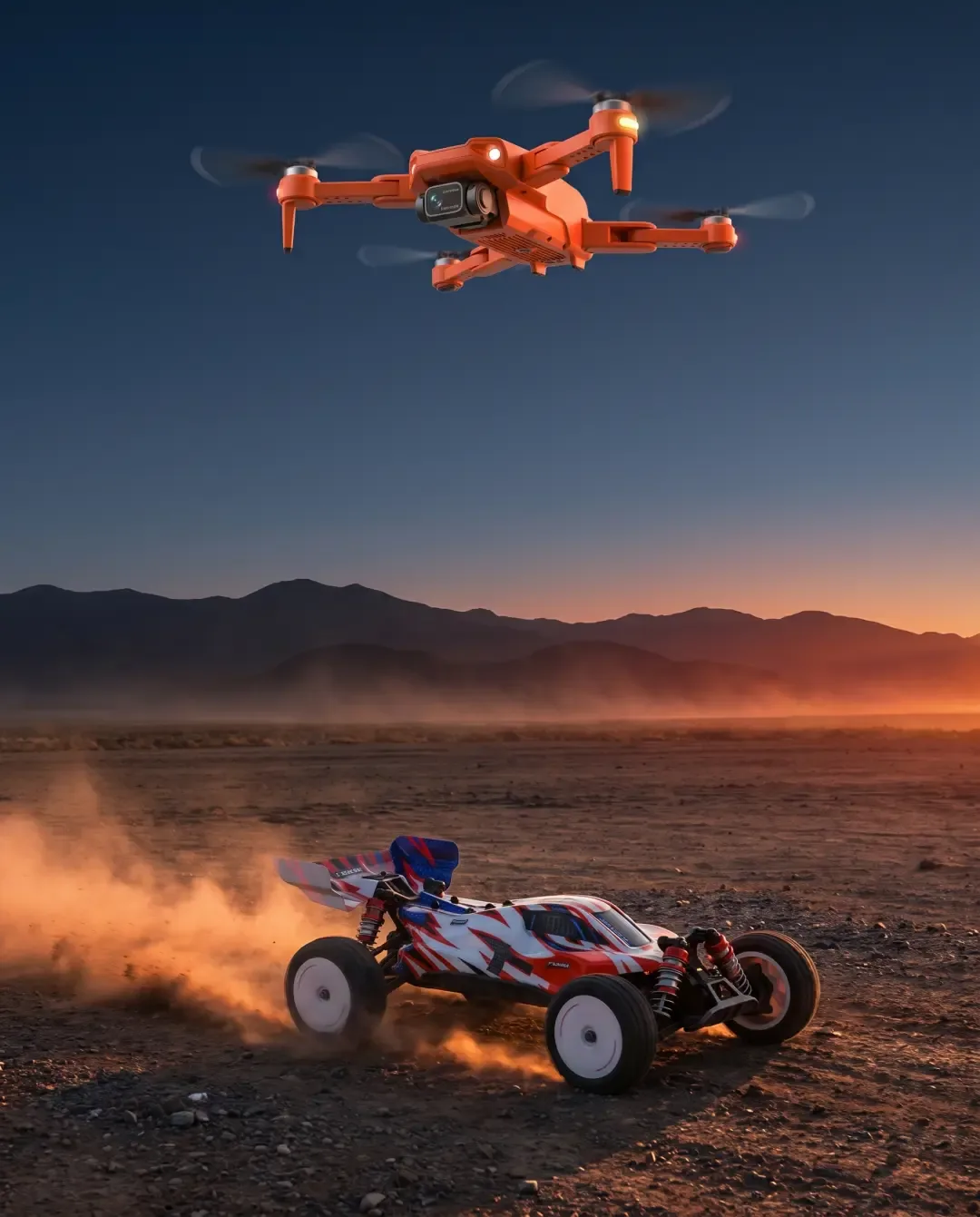 Auto RC 4x4 y dron con cámara de RCT Chile sobre terreno de tierra al atardecer